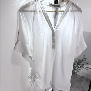 Allsaints blouse airy viscose cinch tie sides bow accent ruched white 4 V-neck
